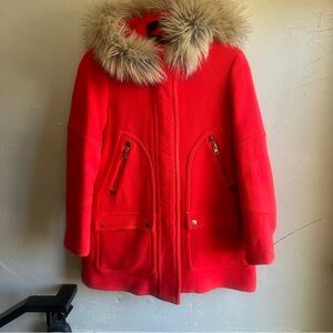 J. Crew Stadium Cloth Red Wool Coat w/ Faux Fur Hood Statement Winter Parka 2P